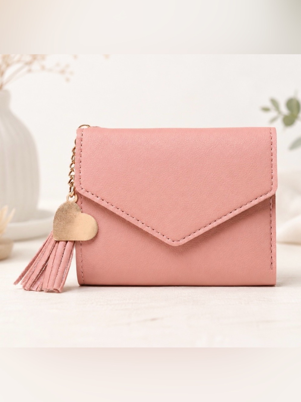 Womens Pink Trifold Wallet Faux Leather Card Holder Cash ID Heart Tassel